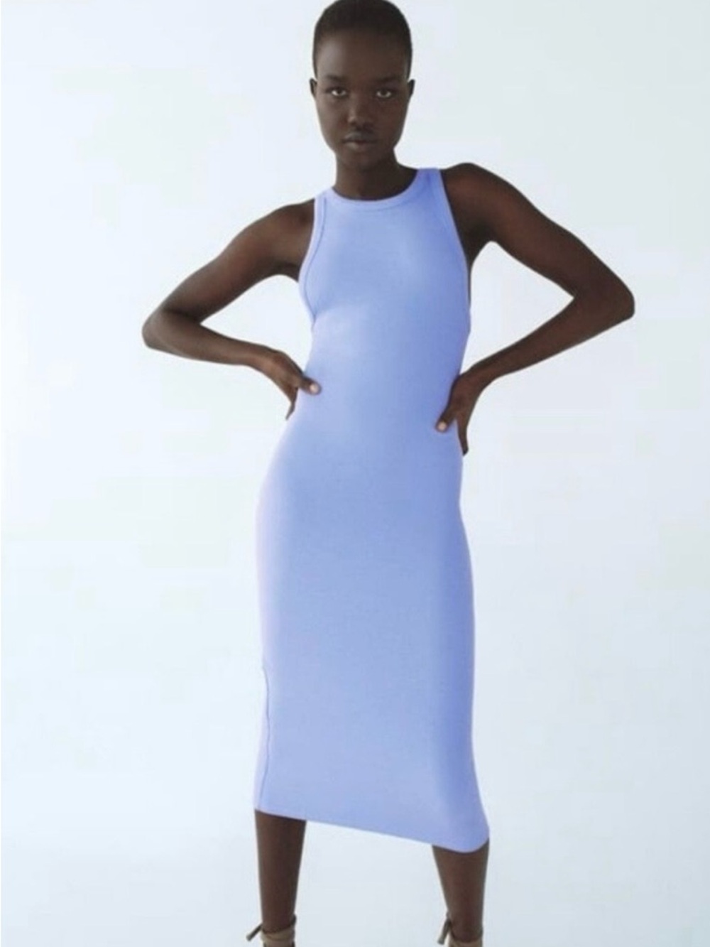 Zara Sleeveless Bodycon Midi Dress in Periwinkle Lavender